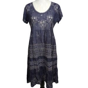 Johnny Was Blue‎ Embroidered Eyelet Tiered Midi Dress Size S Short Sleeve Boho